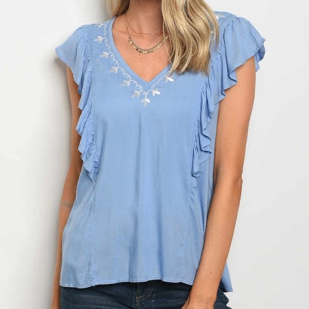 Blue v-neck sleeveless ruffle top blouse with white embroidery new